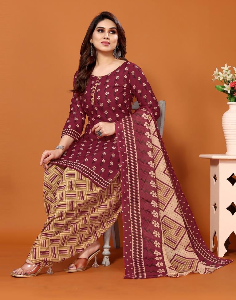 Maroon Printed Cotton Unstitched Salwar Suit Material