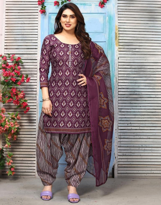 Wine Printed Cotton Unstitched Salwar Suit Material