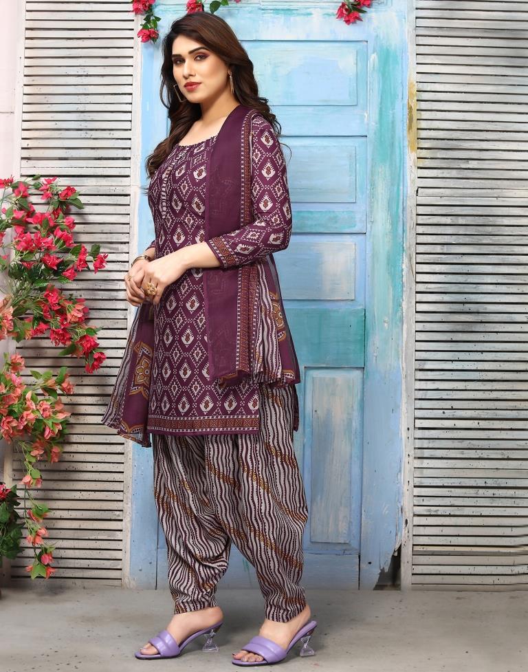 Wine Printed Cotton Unstitched Salwar Suit Material