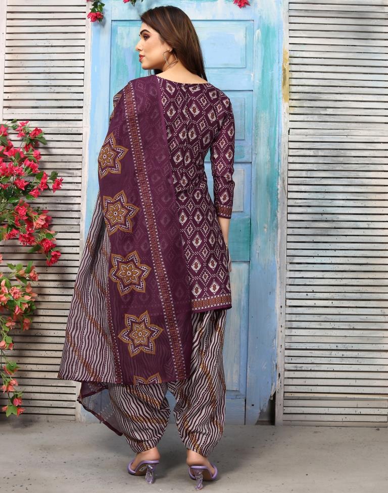 Wine Printed Cotton Unstitched Salwar Suit Material