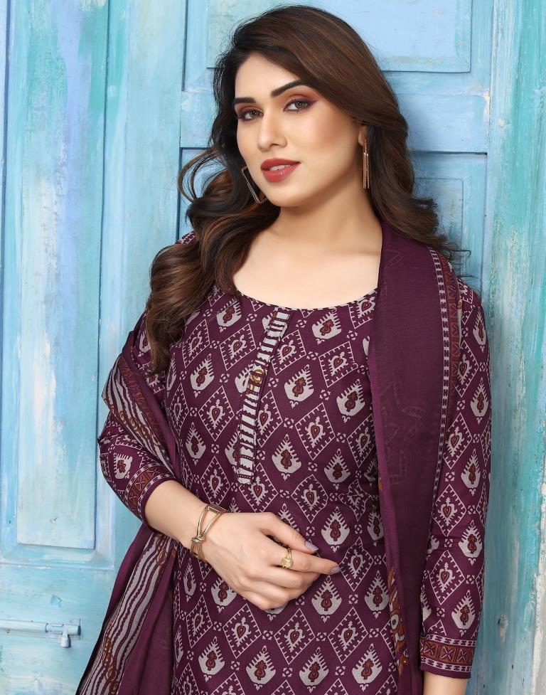 Wine Printed Cotton Unstitched Salwar Suit Material