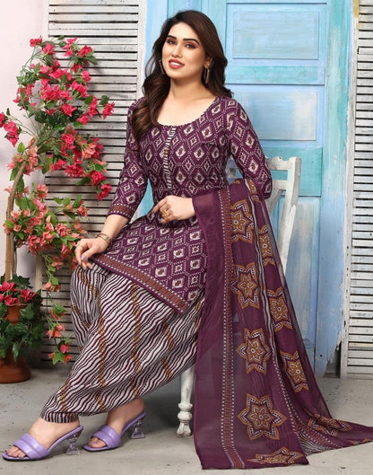 Wine Printed Cotton Unstitched Salwar Suit Material