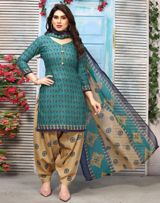 Green Printed Cotton Unstitched Salwar Suit Material