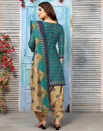 Green Printed Cotton Unstitched Salwar Suit Material