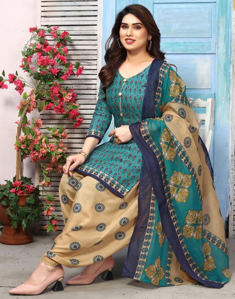 Green Printed Cotton Unstitched Salwar Suit Material