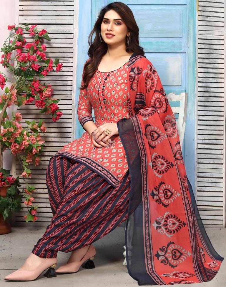 Pink Printed Cotton Unstitched Salwar Suit Material