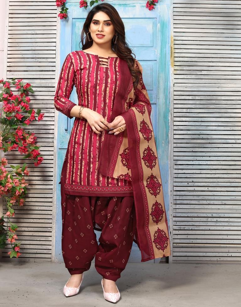 Maroon Printed Cotton Unstitched Salwar Suit Material