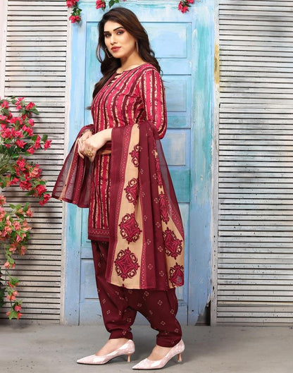 Maroon Printed Cotton Unstitched Salwar Suit Material