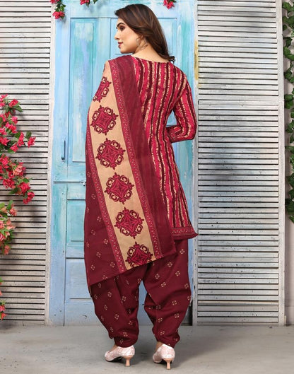 Maroon Printed Cotton Unstitched Salwar Suit Material