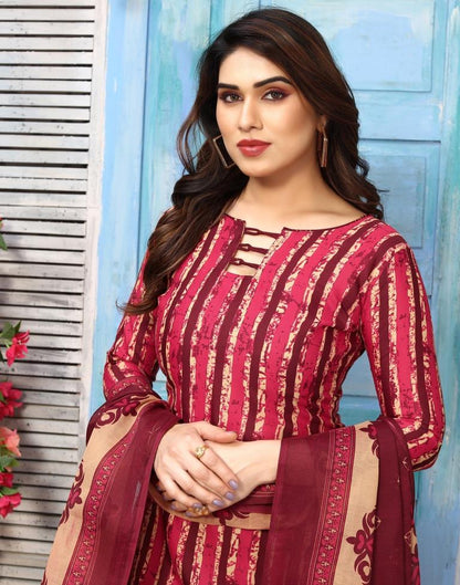 Maroon Printed Cotton Unstitched Salwar Suit Material