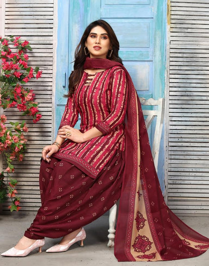 Maroon Printed Cotton Unstitched Salwar Suit Material