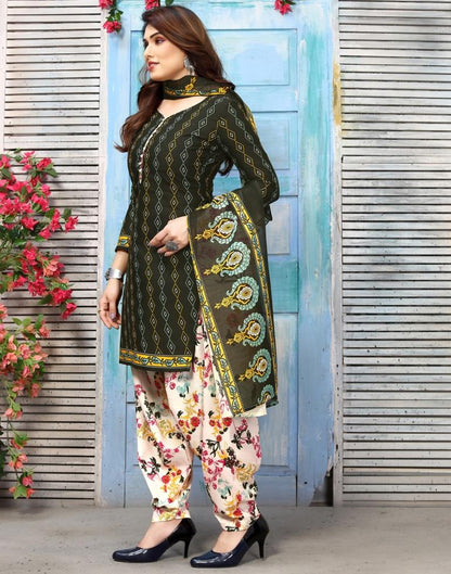 Dark Green Printed Cotton Unstitched Salwar Suit Material