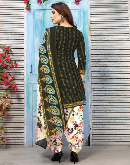 Dark Green Printed Cotton Unstitched Salwar Suit Material