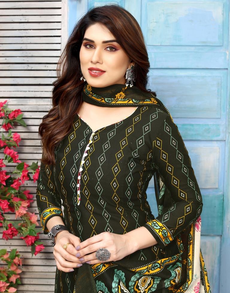 Dark Green Printed Cotton Unstitched Salwar Suit Material