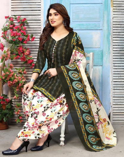 Dark Green Printed Cotton Unstitched Salwar Suit Material