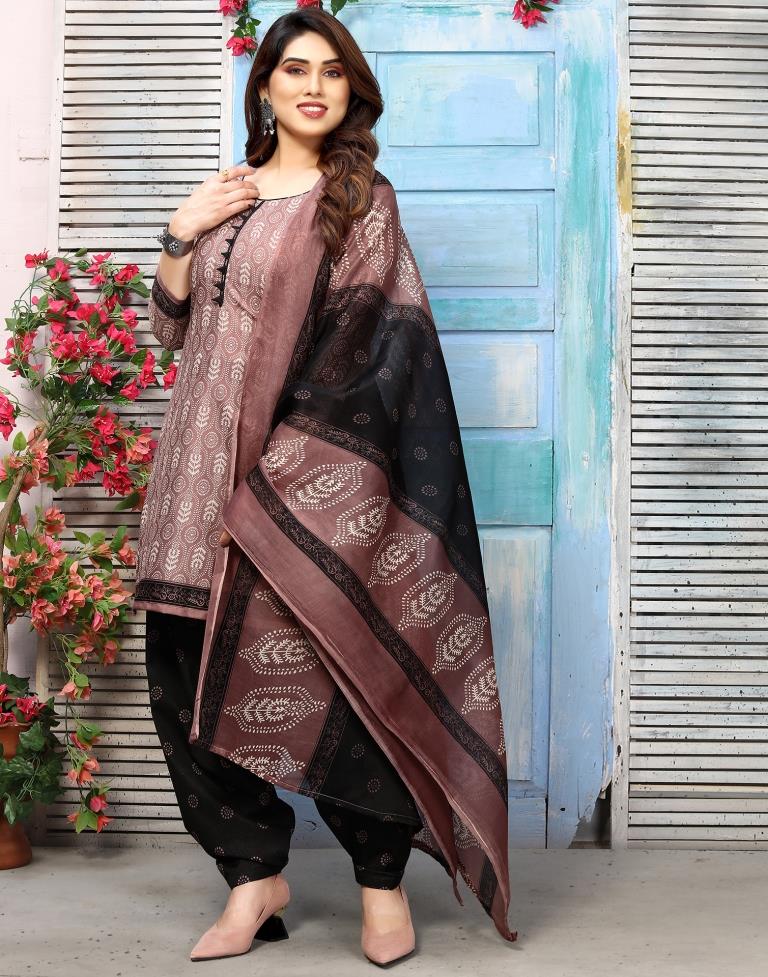 Brown Printed Cotton Unstitched Salwar Suit Material