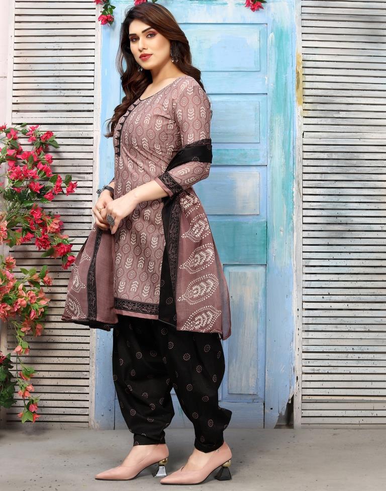 Brown Printed Cotton Unstitched Salwar Suit Material