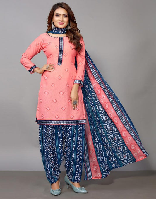 Pink Printed Cotton Unstitched Salwar Suit Material