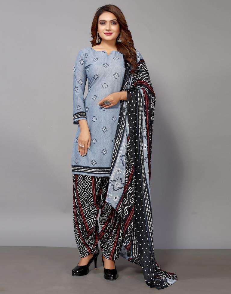 Grey Printed Cotton Unstitched Salwar Suit Material