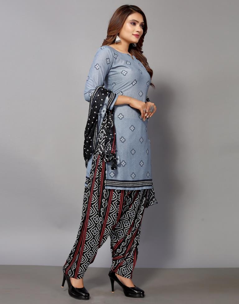 Grey Printed Cotton Unstitched Salwar Suit Material