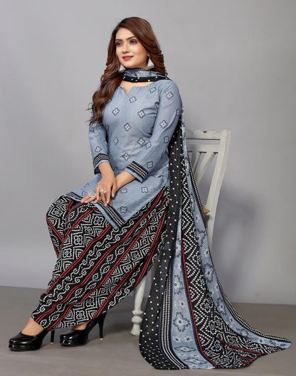 Grey Printed Cotton Unstitched Salwar Suit Material