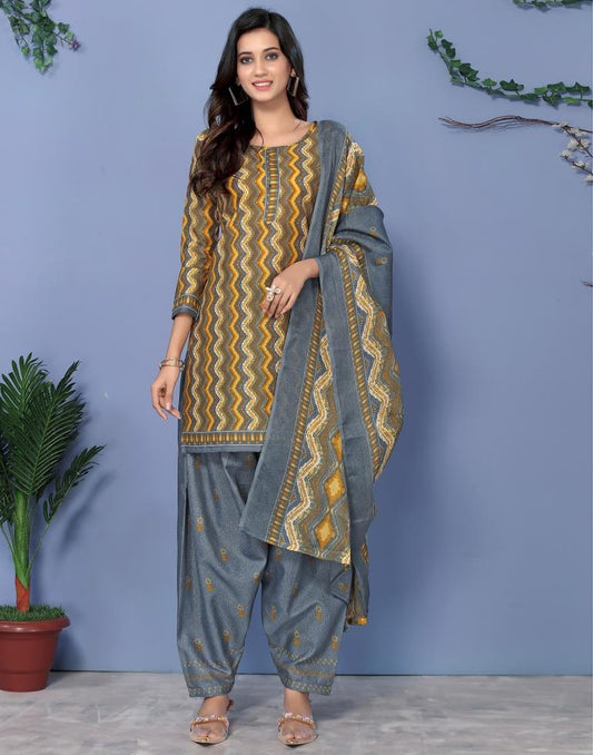 Grey Printed Cotton Unstitched Salwar Suit Material