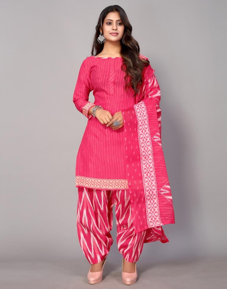 Pink Printed Cotton Unstitched Salwar Suit Material