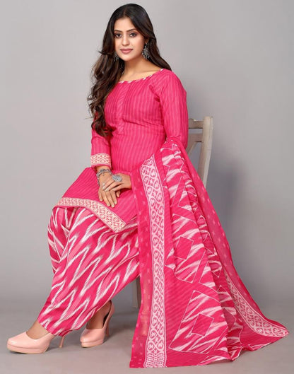 Pink Printed Cotton Unstitched Salwar Suit Material