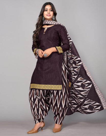 Brown Printed Cotton Unstitched Salwar Suit Material