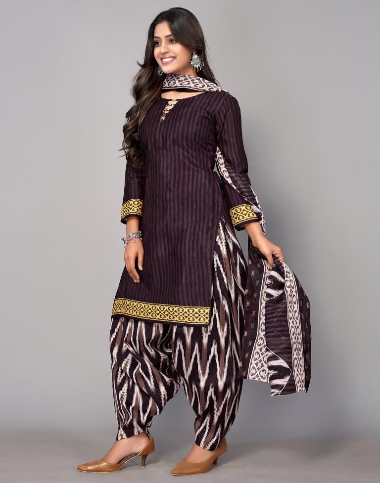 Brown Printed Cotton Unstitched Salwar Suit Material