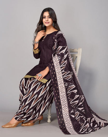 Brown Printed Cotton Unstitched Salwar Suit Material