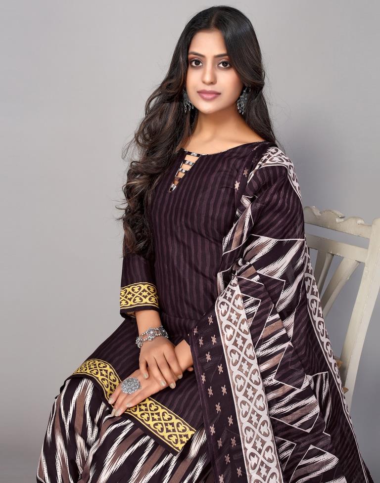 Brown Printed Cotton Unstitched Salwar Suit Material