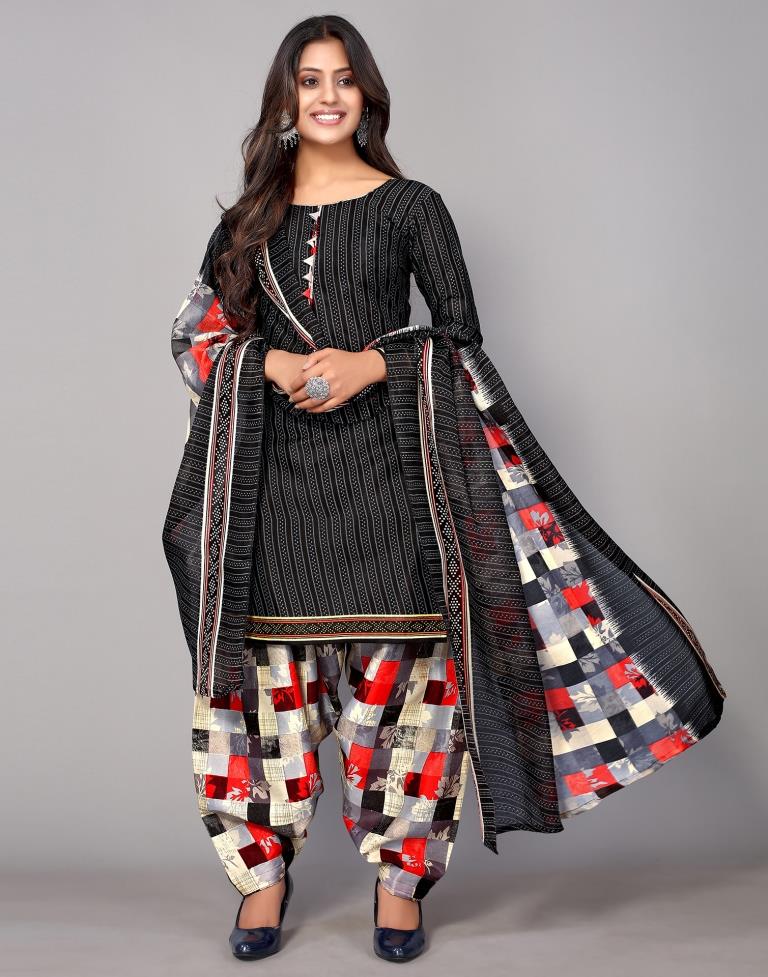 Black Printed Cotton Unstitched Salwar Suit Material