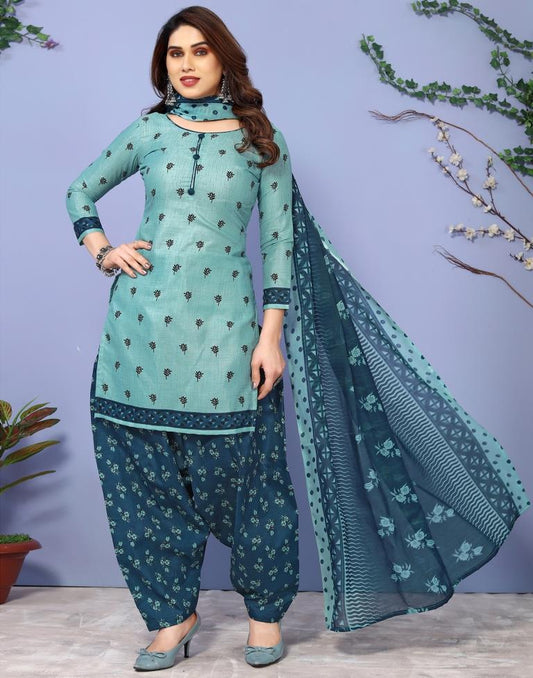 Rama Green Printed Cotton Unstitched Salwar Suit Material