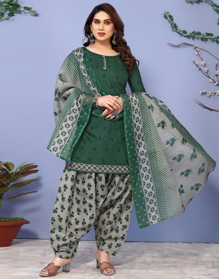 Dark Green Printed Cotton Unstitched Salwar Suit Material