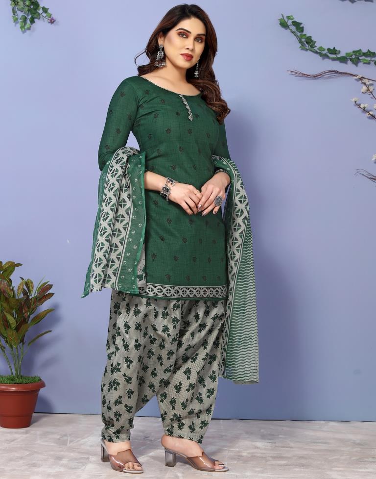 Dark Green Printed Cotton Unstitched Salwar Suit Material