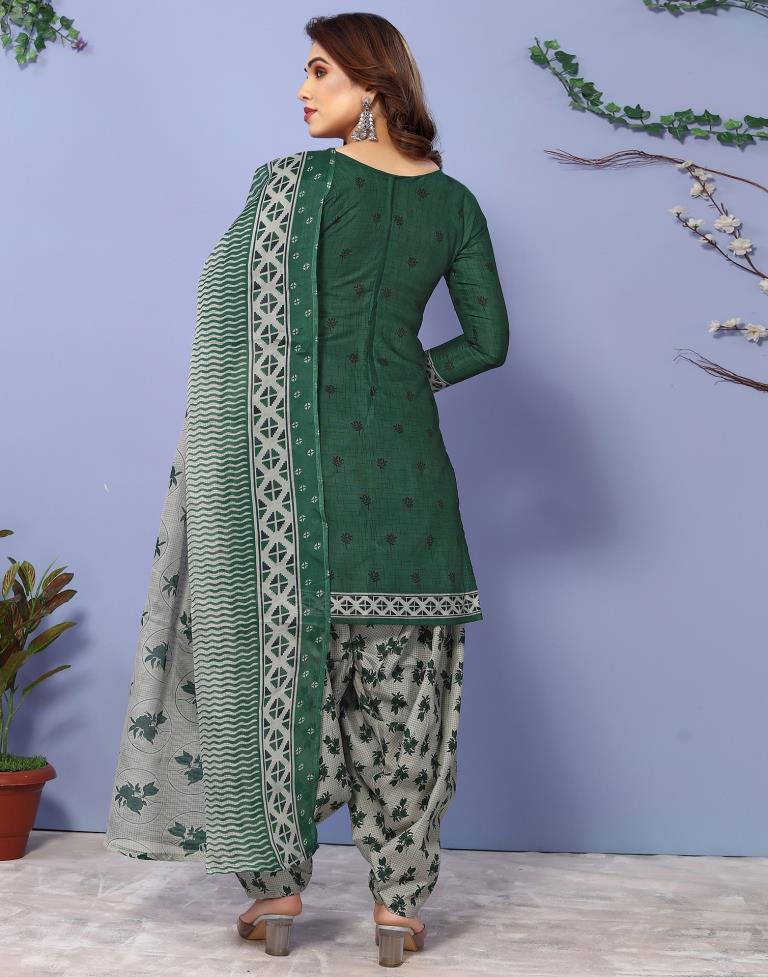 Dark Green Printed Cotton Unstitched Salwar Suit Material