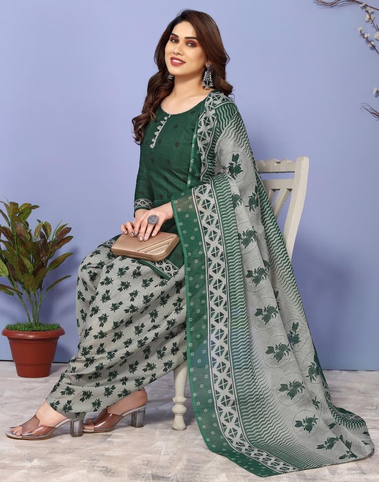 Dark Green Printed Cotton Unstitched Salwar Suit Material