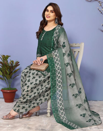 Dark Green Printed Cotton Unstitched Salwar Suit Material