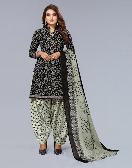 Black Printed Cotton Unstitched Salwar Suit Material