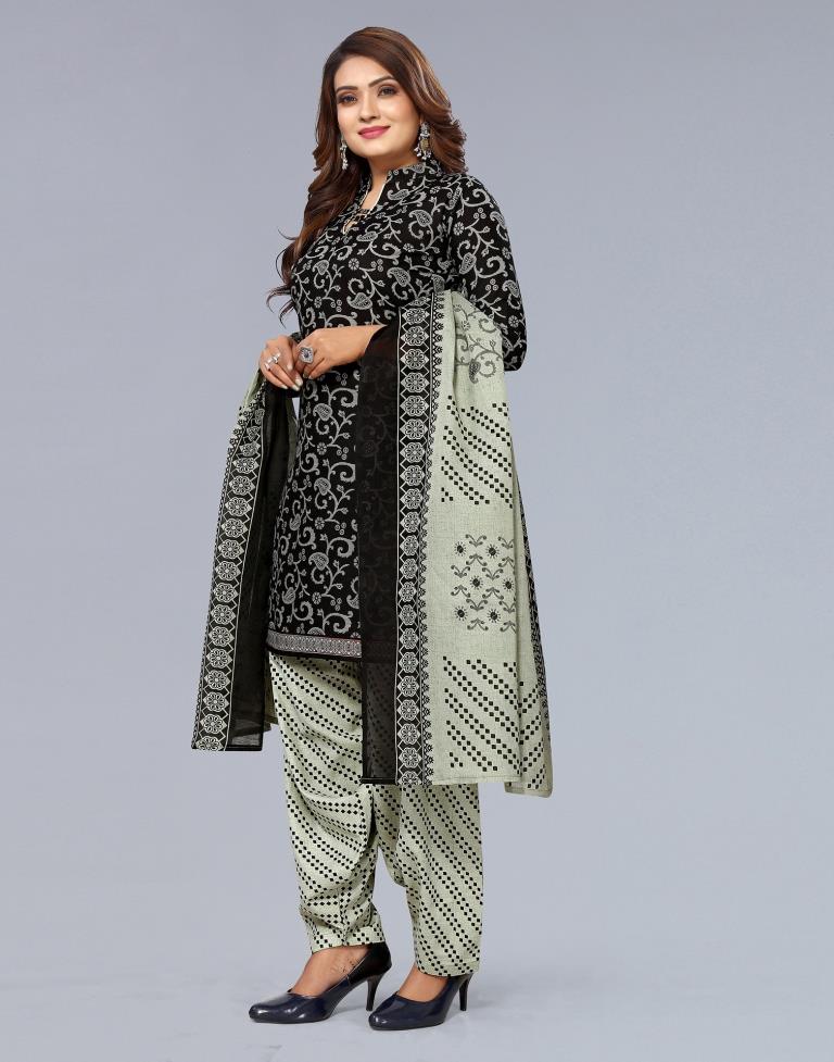 Black Printed Cotton Unstitched Salwar Suit Material