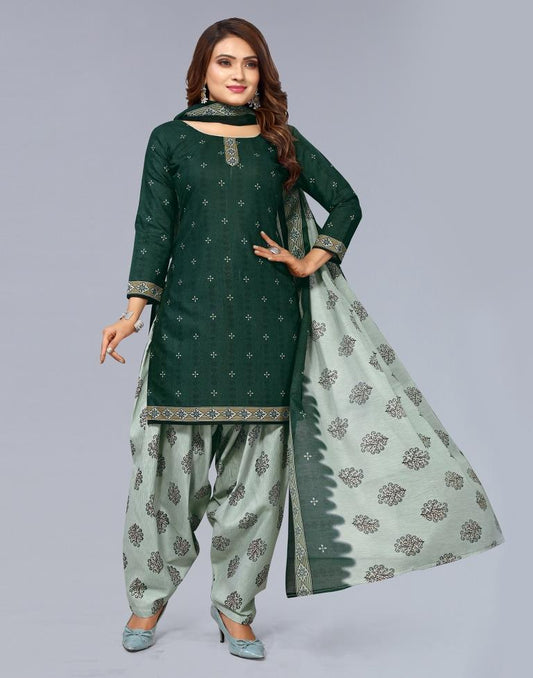 Dark Green Printed Cotton Unstitched Salwar Suit Material