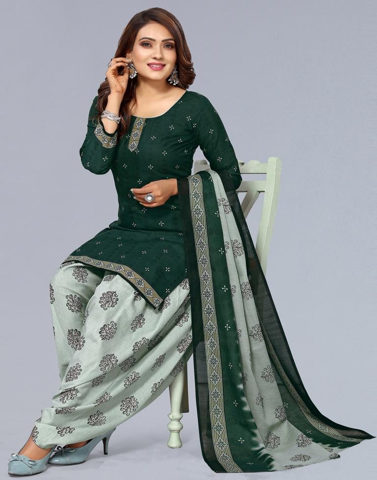 Dark Green Printed Cotton Unstitched Salwar Suit Material