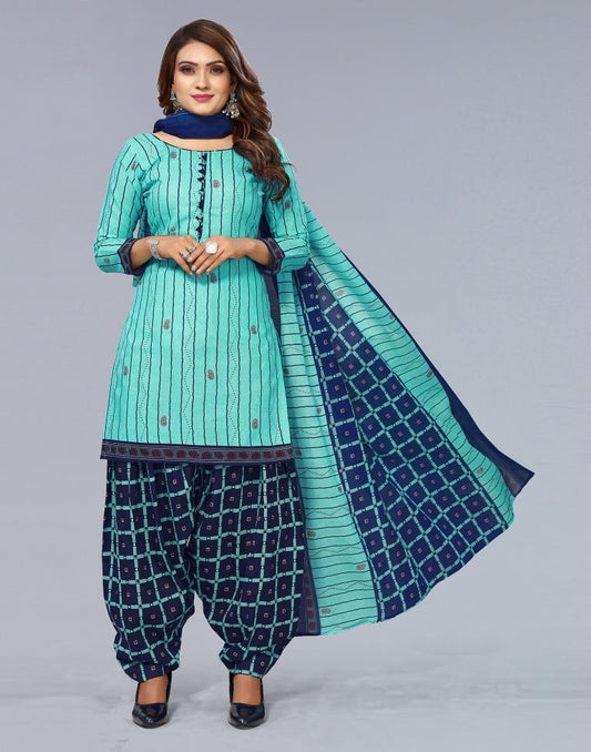 Sky Blue Printed Cotton Unstitched Salwar Suit Material