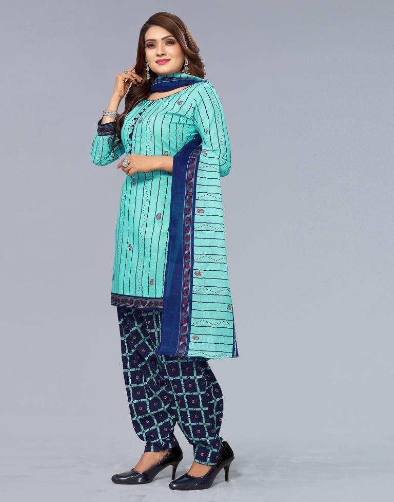 Sky Blue Printed Cotton Unstitched Salwar Suit Material