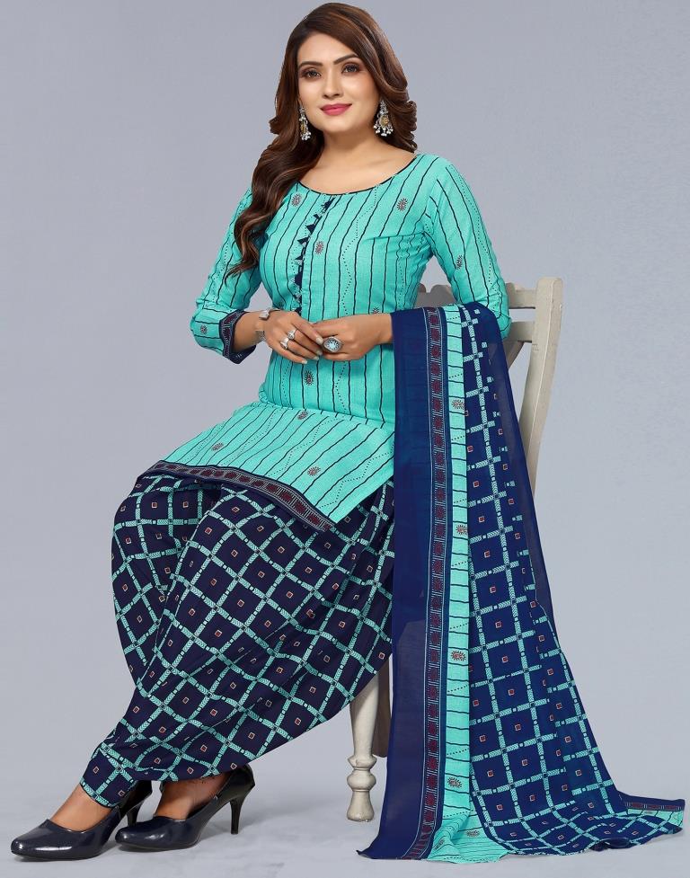 Sky Blue Printed Cotton Unstitched Salwar Suit Material