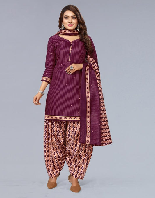 Dark Brown Printed Cotton Unstitched Salwar Suit Material