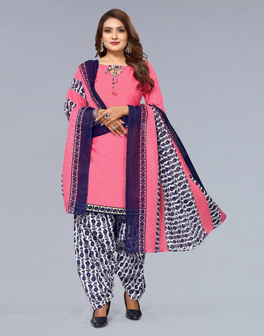 Pink Printed Cotton Unstitched Salwar Suit Material