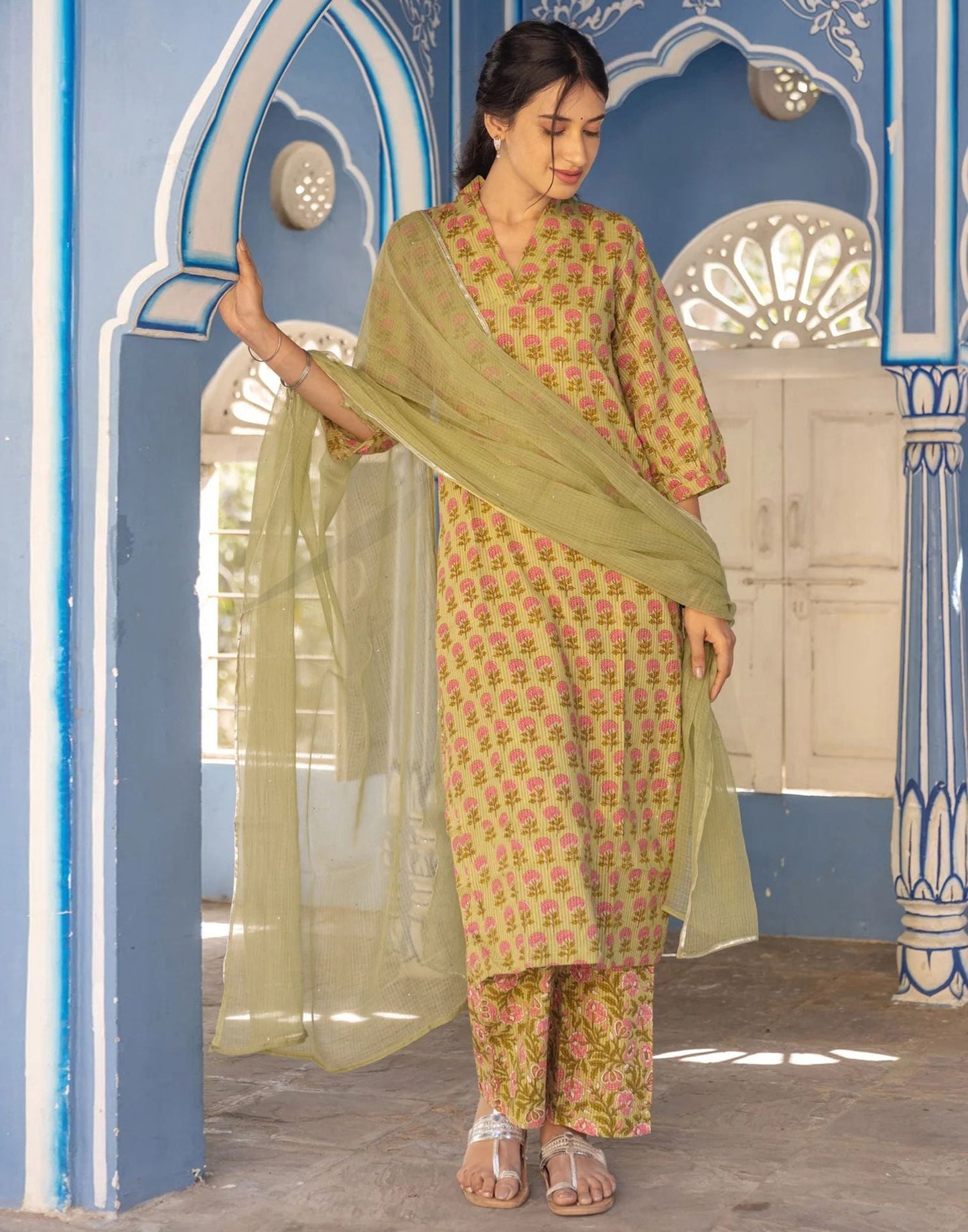 Mustard Printed Rayon Straight Kurta With Pant And Dupatta