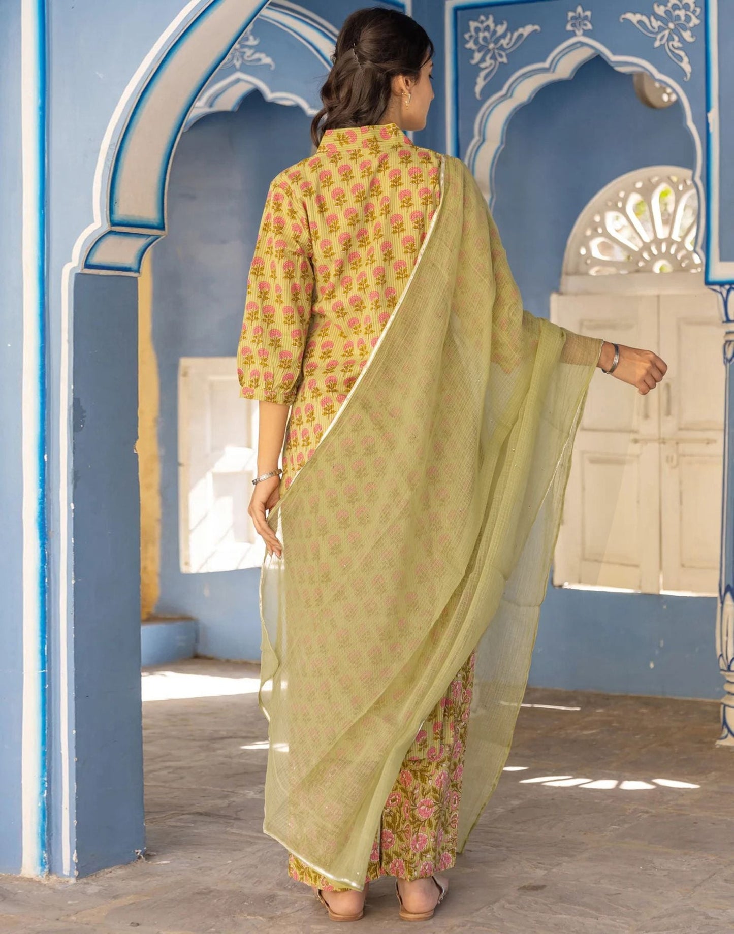 Mustard Printed Rayon Straight Kurta With Pant And Dupatta